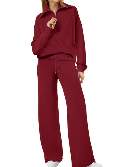 Women’s Half-Zip Leisure Co-Ord – Collared Pullover with Drawstring Wide-Leg Trousers for Casual Wear