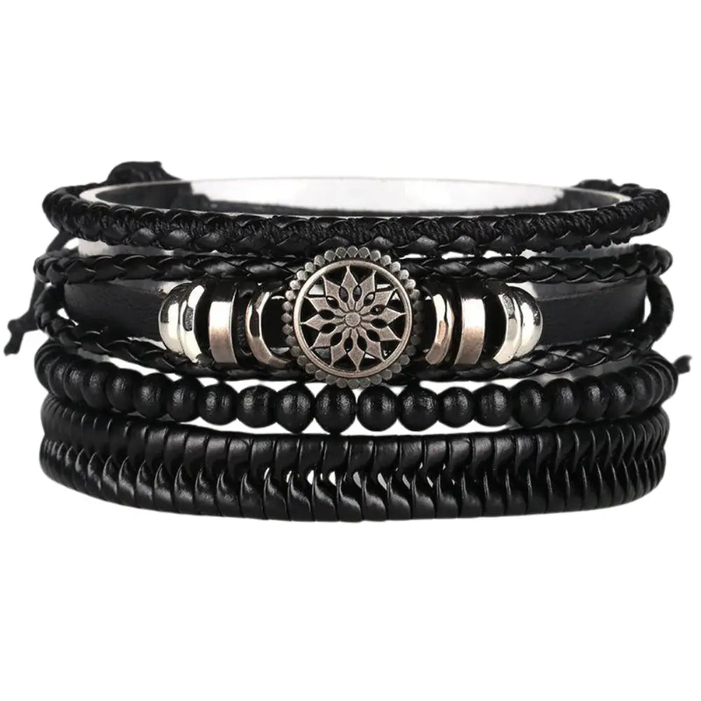Men’s Braided Leather Wrap Bracelet Set – Layered Beaded Wristwear for Everyday Styling