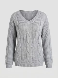Women’s Off-Shoulder Cable-Knit Sweater – Relaxed V-Neck Pullover for Cosy Seasonal Styling