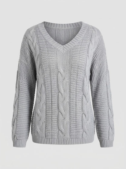 Women’s Off-Shoulder Cable-Knit Sweater – Relaxed V-Neck Pullover for Cosy Seasonal Styling