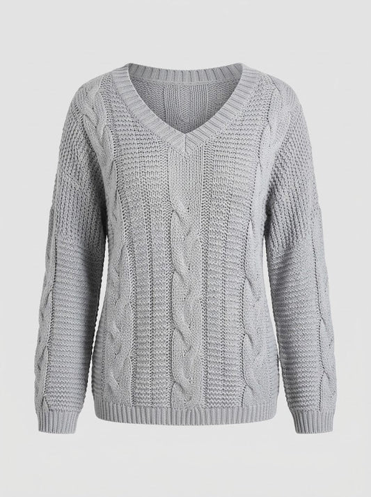 Women’s Off-Shoulder Cable-Knit Sweater – Relaxed V-Neck Pullover for Cosy Seasonal Styling