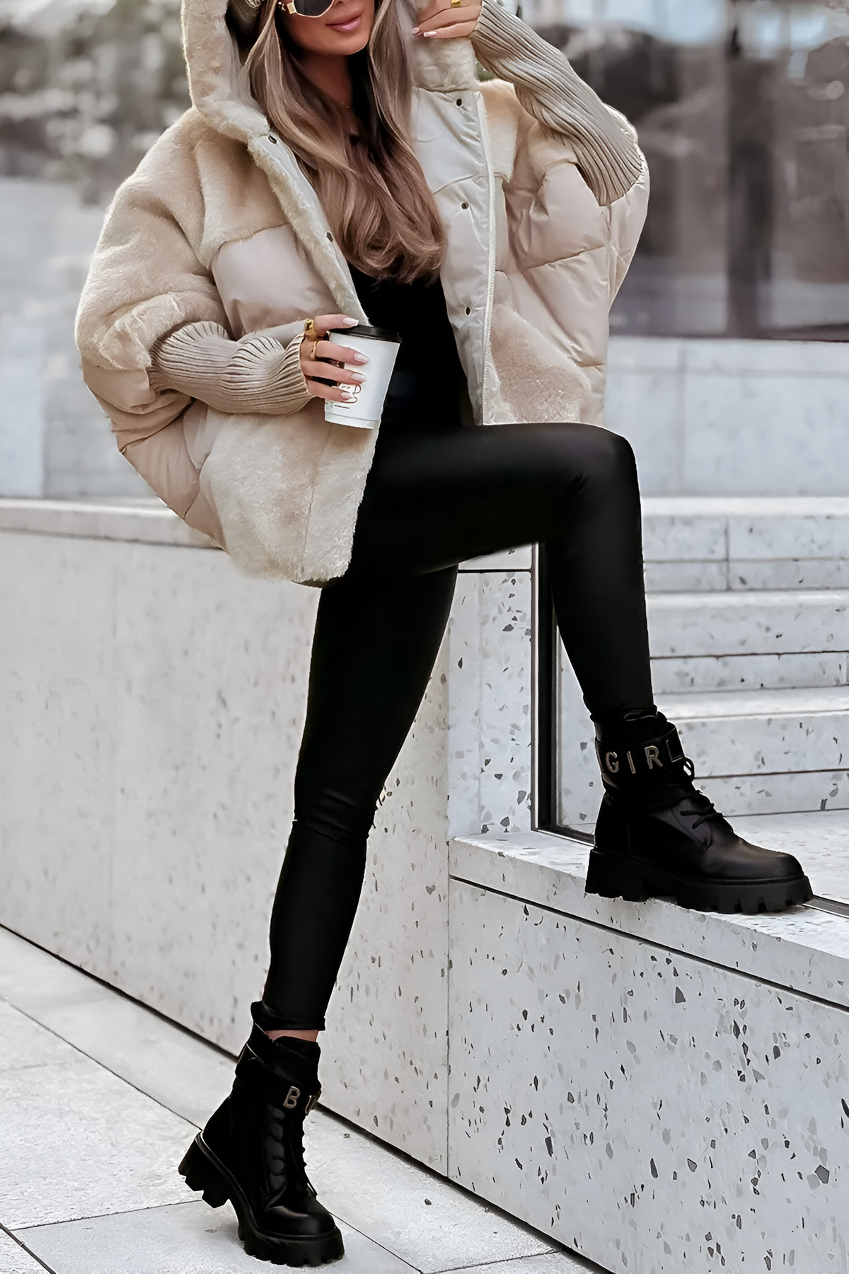 Women’s Oversized Quilted Jacket – Faux Fur Hood with Ribbed Cuffs