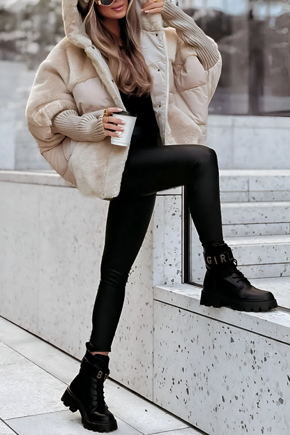 Women’s Oversized Quilted Jacket – Faux Fur Hood with Ribbed Cuffs
