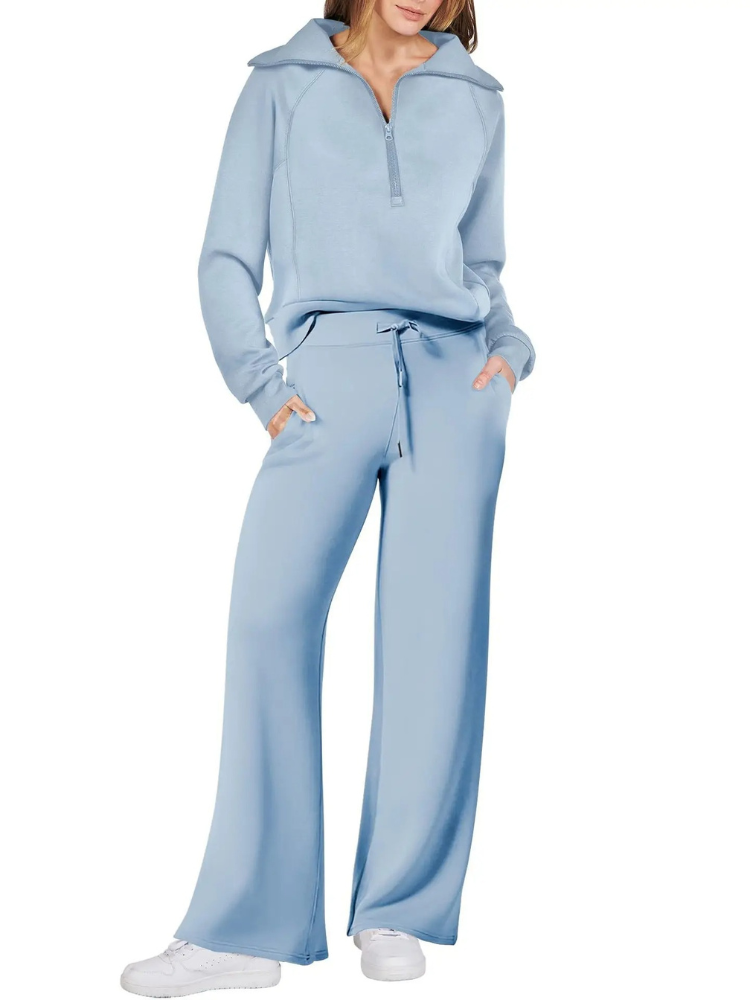 Women’s Half-Zip Leisure Co-Ord – Collared Pullover with Drawstring Wide-Leg Trousers for Casual Wear