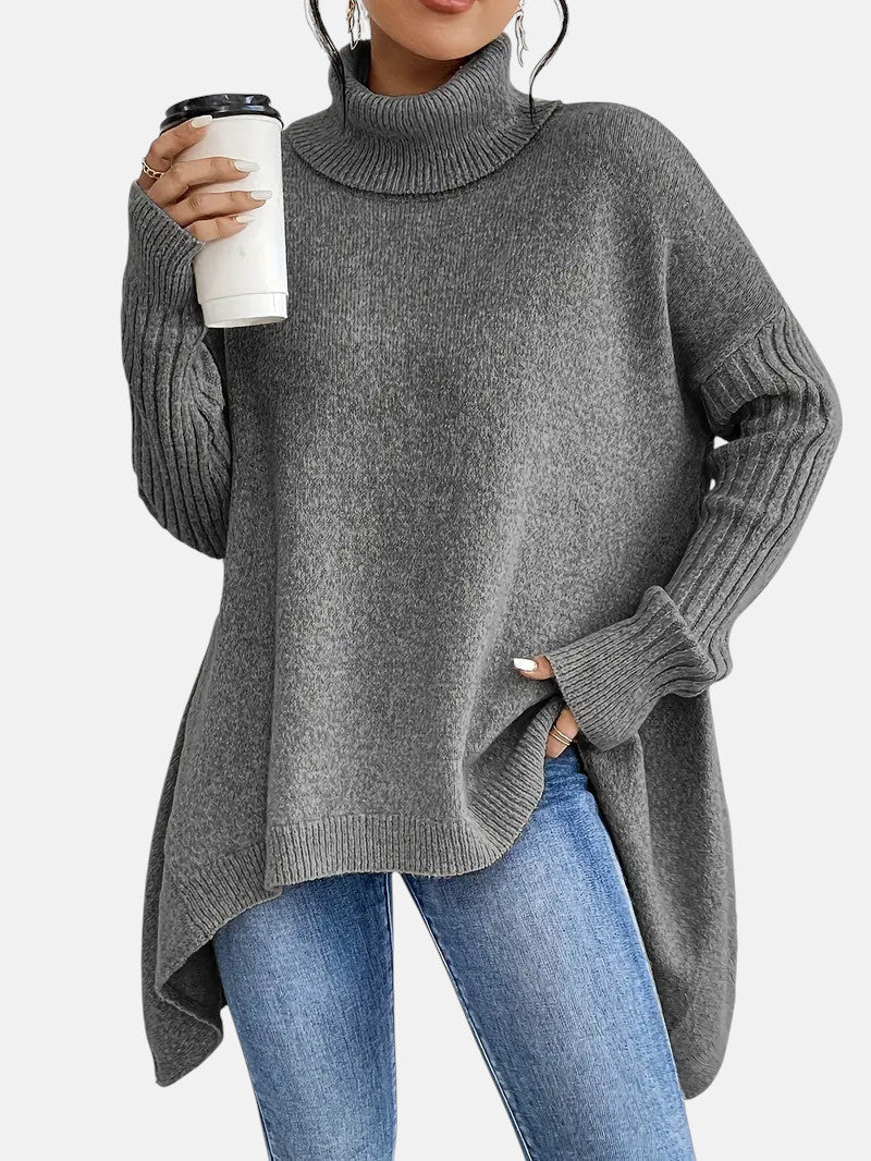 Women’s Oversized Roll-Neck Jumper – Batwing Sleeve Jumper with Dipped Hem