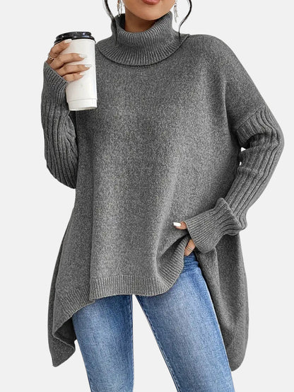 Women’s Oversized Roll-Neck Jumper – Batwing Sleeve Jumper with Dipped Hem