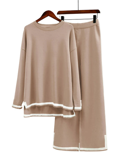 Women’s Contrast-Trim Knit Co-Ord Set – Relaxed Longline Top with Straight-Leg Trousers for Elevated Loungewear