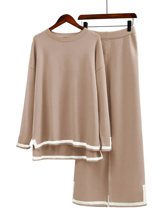 Women’s Contrast-Trim Knit Co-Ord Set – Relaxed Longline Top with Straight-Leg Trousers for Elevated Loungewear