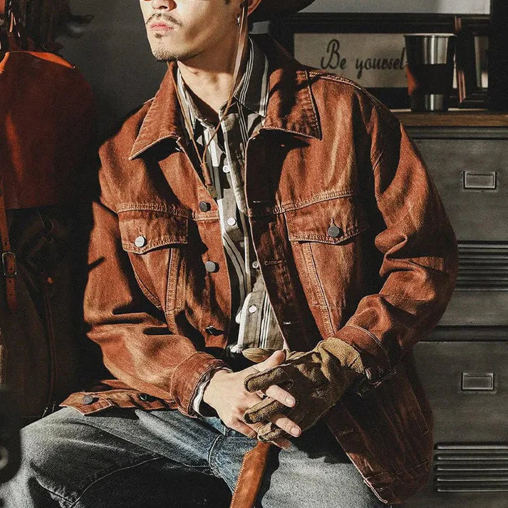 Men’s Vintage Washed Denim Jacket – Relaxed Trucker Layer with Flap Chest Pockets and Distressed Finish
