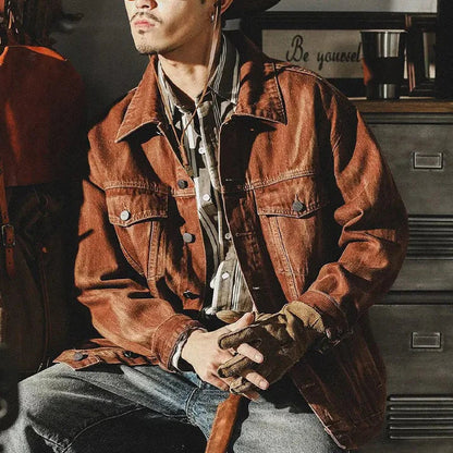 Men’s Vintage Washed Denim Jacket – Relaxed Trucker Layer with Flap Chest Pockets and Distressed Finish