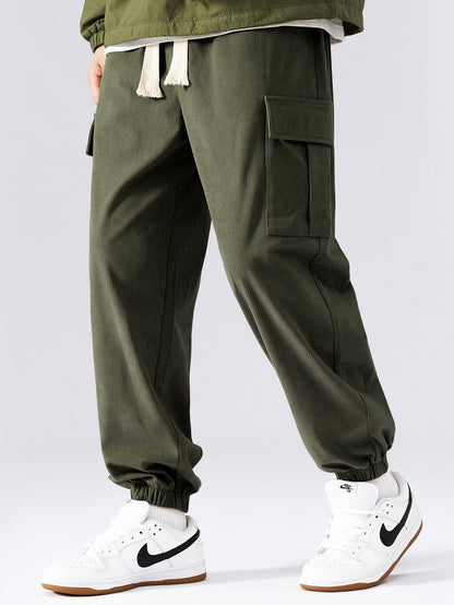 Men’s Corduroy Cargo Tracksuit – Patchwork Hoodie Set for Casual Utility Styling