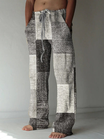 Men’s Patchwork Cotton-Linen Trousers – Relaxed Drawstring Pants for Casual Summer Wear