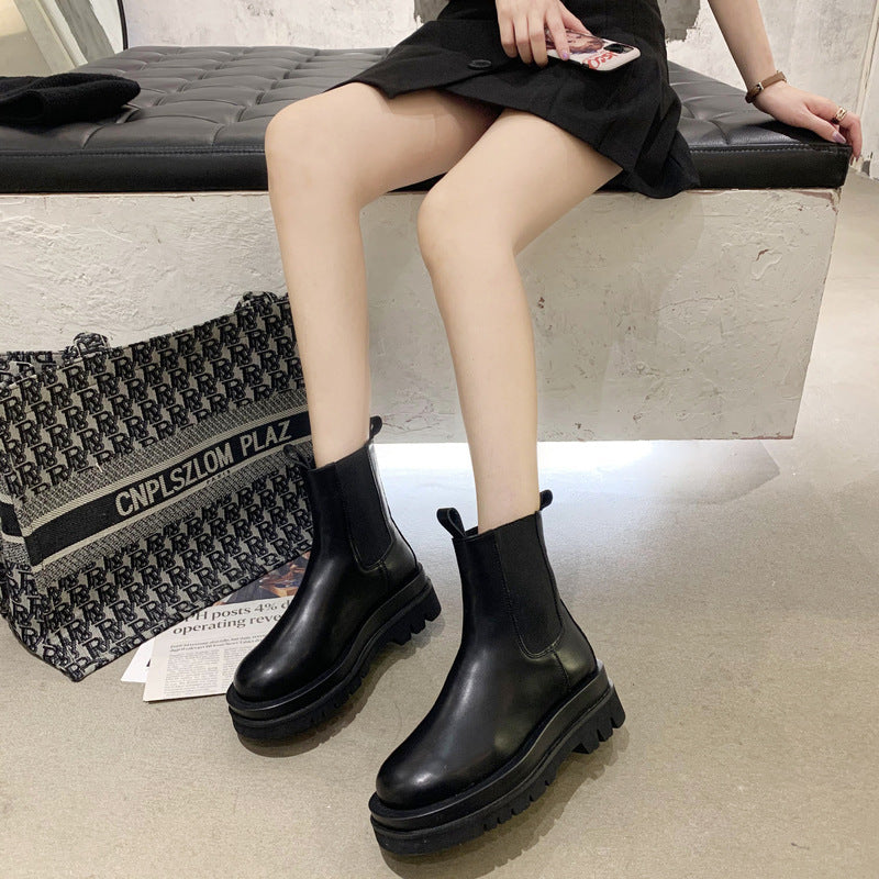 Women's Mid-Calf Chelsea Boots - Thick Lug Sole Pull-On Boot - original product image 1
