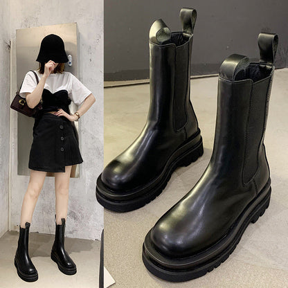 Women's Mid-Calf Chelsea Boots - Thick Lug Sole Pull-On Boot - original product image 3