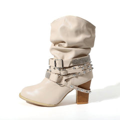 Women's Buckle Heeled Round-Toe Knee-High Boots