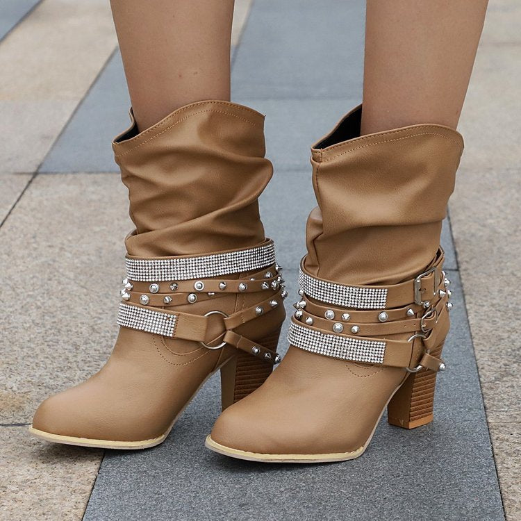Women's Buckle Heeled Round-Toe Knee-High Boots