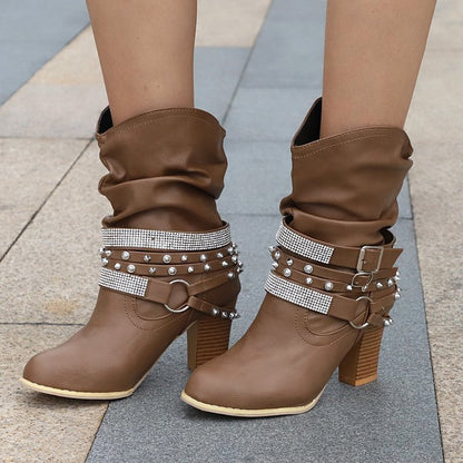 Women's Buckle Heeled Round-Toe Knee-High Boots