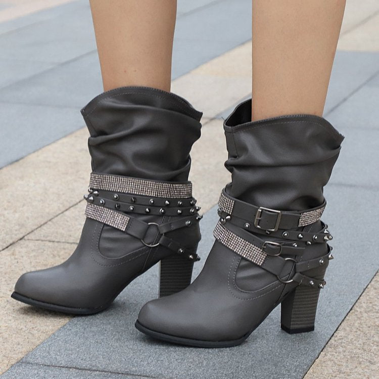 Women's Buckle Heeled Round-Toe Knee-High Boots