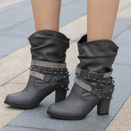 Women's Buckle Heeled Round-Toe Knee-High Boots