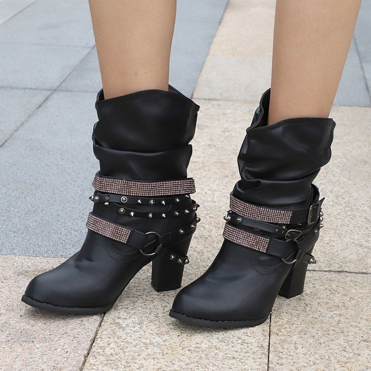 Women's Buckle Heeled Round-Toe Knee-High Boots