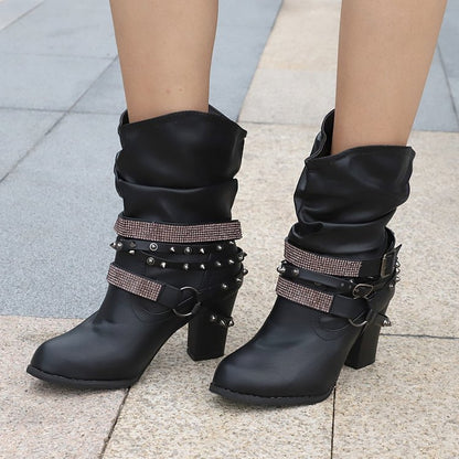 Women's Buckle Heeled Round-Toe Knee-High Boots