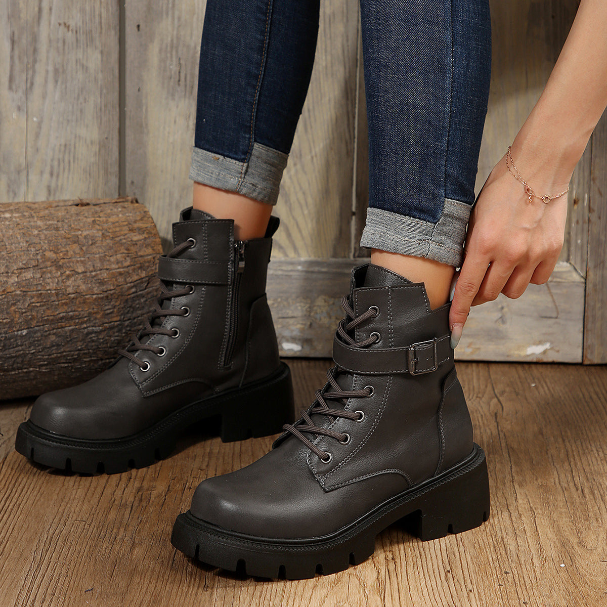 Women's Side Zip Buckle Round-Toe Chunky Chelsea Boots
