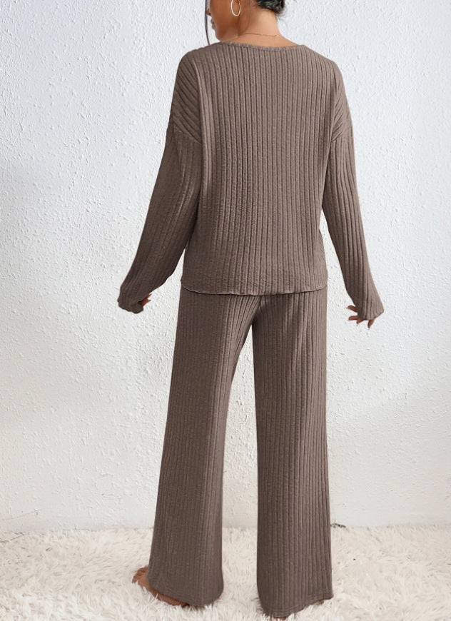 Women’s Ribbed Knit Trouser Co-Ord Set – Relaxed V-Neck Sweater with Wide-Leg Trousers for Autumn and Winter Wear