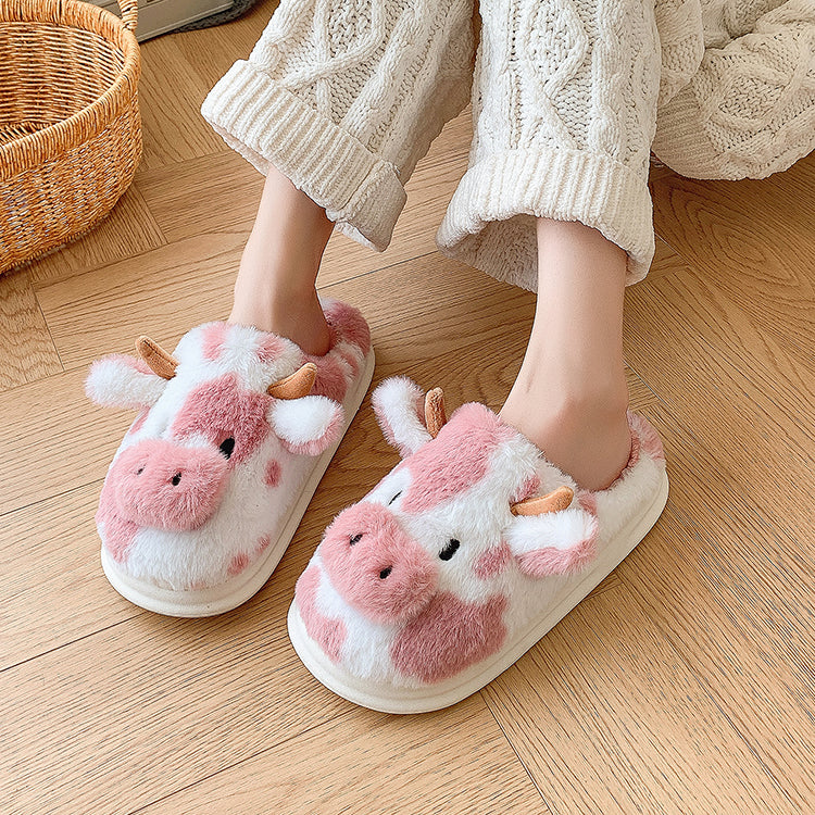 Women’s Plush Cow Slippers – Cosy Closed-Toe House Shoes with Playful Animal Design