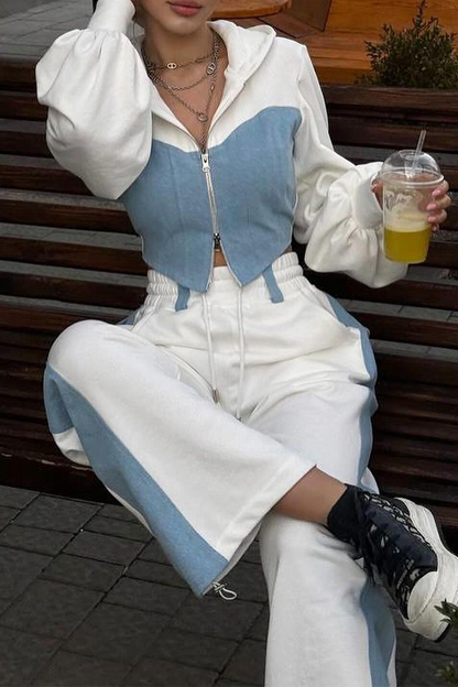 Women’s Hooded Zip Jacket and Wide-Leg Track Pant Set – Contrast Panel Streetwear