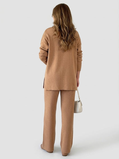 Women’s Ribbed Knit Co-Ord Set – Relaxed V-Neck Tunic Top with Wide-Leg Trousers for Everyday Lounge Wear