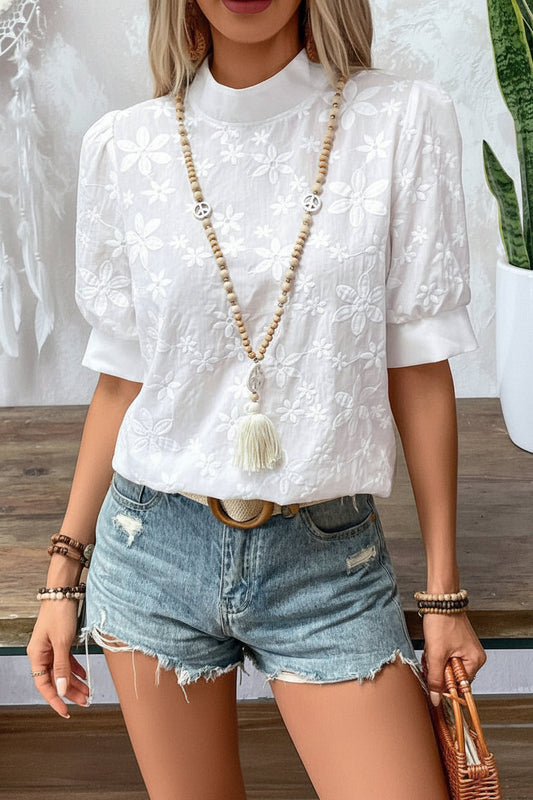 Women’s High-Neck Blouse – Short-Sleeve Printed Top for Smart Casual Wear