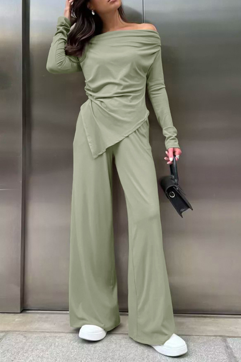 Women’s Off-Shoulder Two-Piece Set – Ruched Long-Sleeve Top with Wide-Leg Trousers for Autumn Streetwear