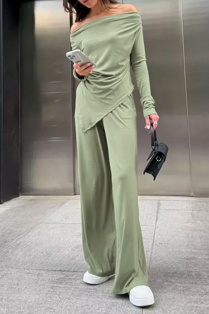Women’s Off-Shoulder Two-Piece Set – Ruched Long-Sleeve Top with Wide-Leg Trousers for Autumn Streetwear
