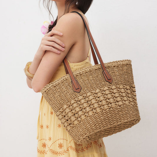 Women’s Woven Beach Tote Bag – Lightweight Shoulder Shopper with Spacious Summer Carryall Design