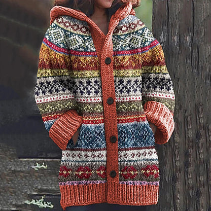 Women’s Hooded Cardigan – Nordic Fair Isle Knit with Patch Pockets