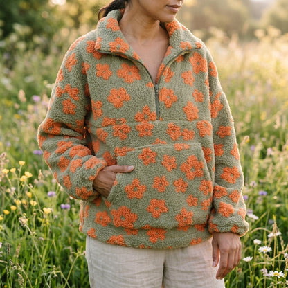 Women’s Quarter-Zip Jumper – Fleece Floral Print Jumper with Kangaroo Pocket