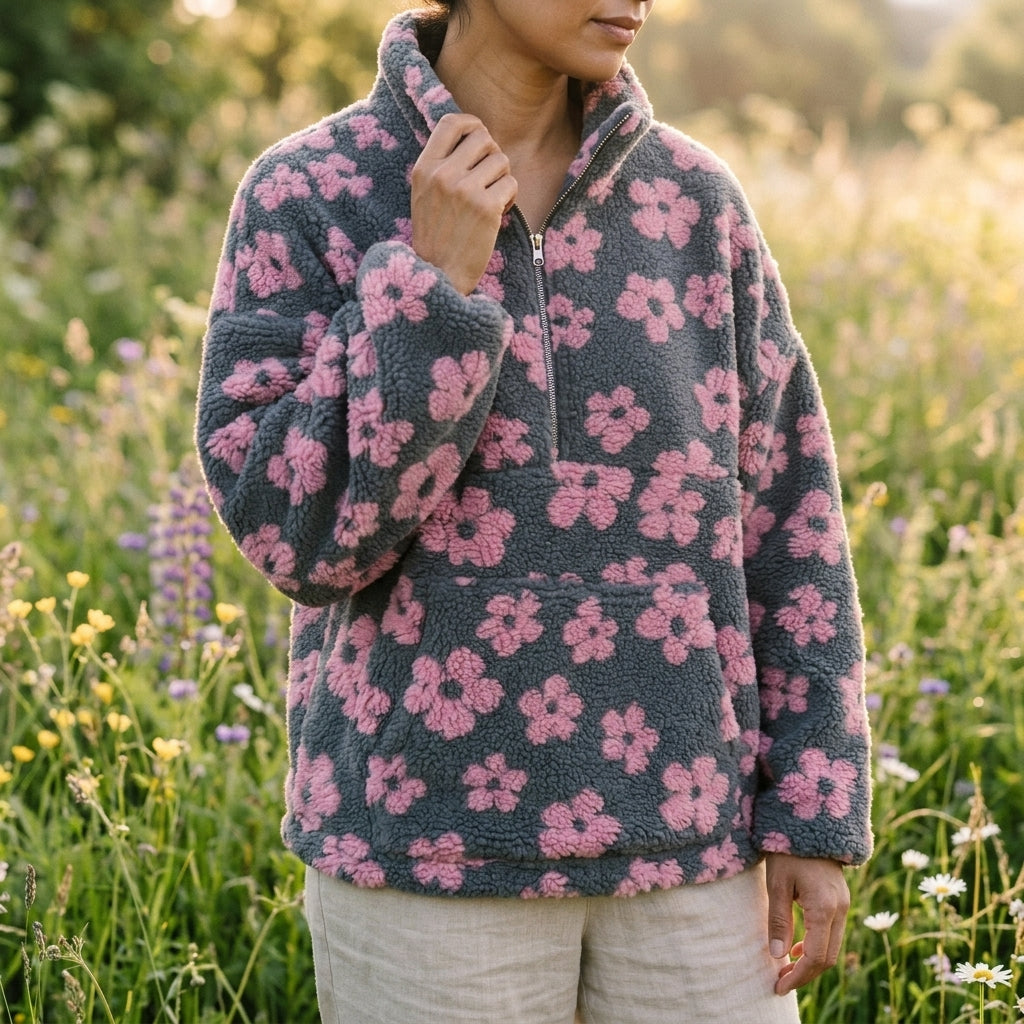Women’s Quarter-Zip Jumper – Fleece Floral Print Jumper with Kangaroo Pocket