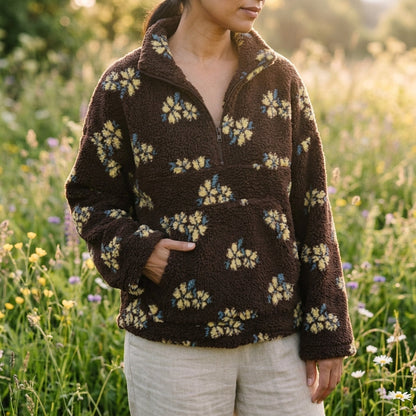 Women’s Quarter-Zip Jumper – Fleece Floral Print Jumper with Kangaroo Pocket