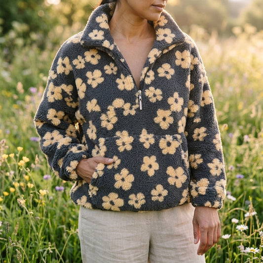 Women’s Quarter-Zip Jumper – Fleece Floral Print Jumper with Kangaroo Pocket