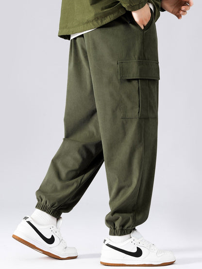 Men’s Corduroy Cargo Tracksuit – Patchwork Hoodie Set for Casual Utility Styling