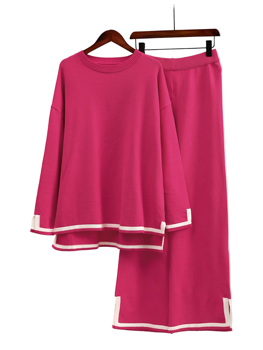 Women’s Contrast-Trim Knit Co-Ord Set – Relaxed Longline Top with Straight-Leg Trousers for Elevated Loungewear