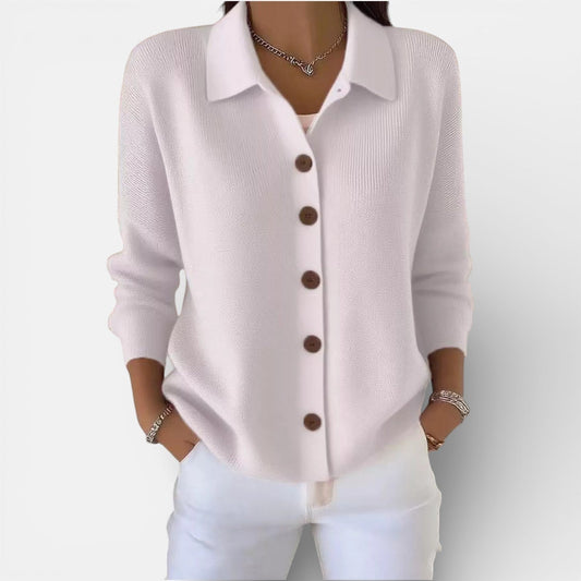 Women’s Knitted Blouse – Polo Collar Top with Full Button Placket