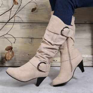 Women's Suede-Look Platform Buckle Knee-High Boots