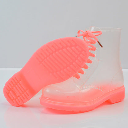 Women’s Transparent Lace-Up Rain Boots – Waterproof PVC Ankle Boots with Non-Slip Sole