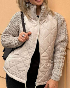Women’s Quilted Jacket – Diamond-Quilted Jacket with Cable-Knit Sleeves