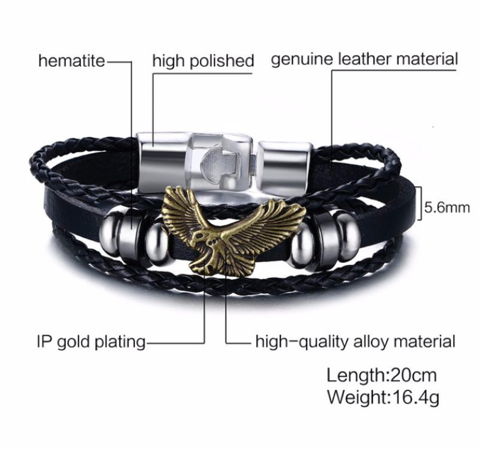 VARIANT|Black/Gold|Eagle Leather Bracelet – Black/Gold