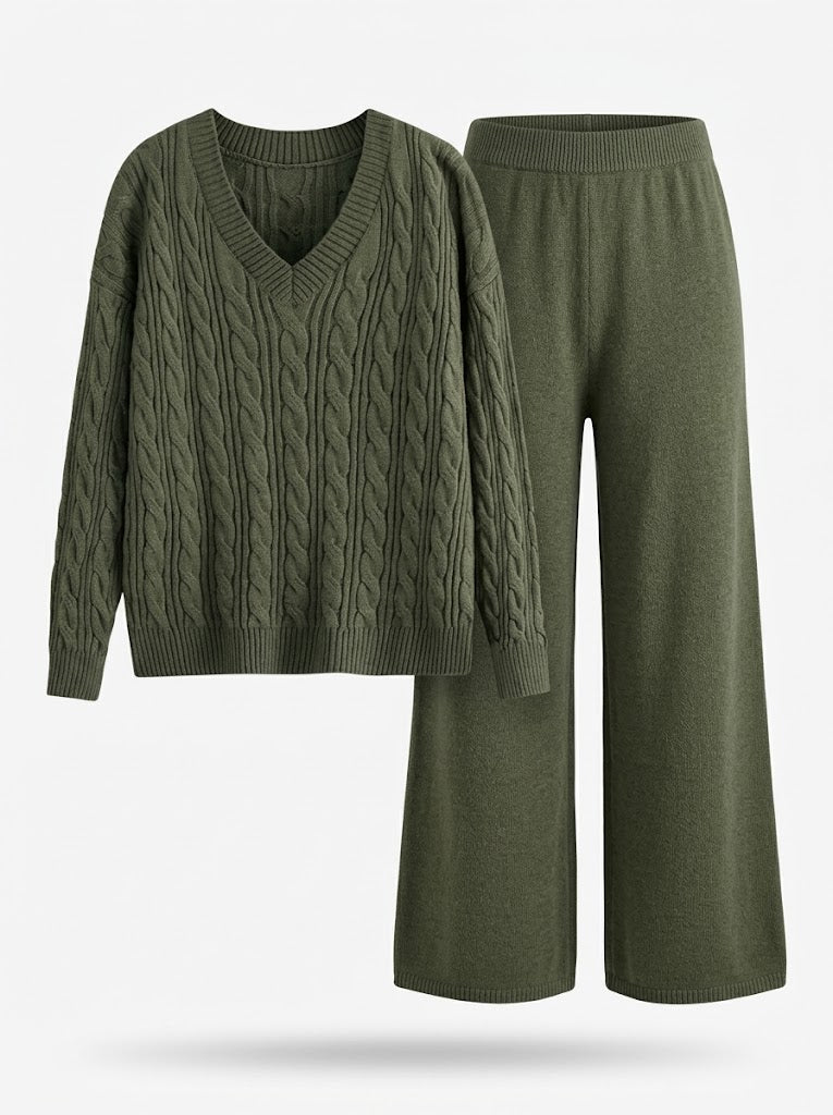 Women’s Cable-Knit Two-Piece Set – V-Neck Jumper with Stretch Wide-Leg Trousers for Autumn and Winter