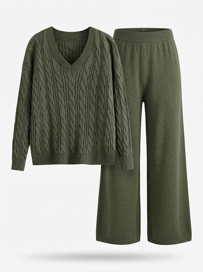 Women’s Cable-Knit Two-Piece Set – V-Neck Jumper with Stretch Wide-Leg Trousers for Autumn and Winter