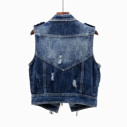 Men’s Cotton Denim Biker Vest – Distressed Sleeveless Layer with Asymmetric Zip and Adjustable Belt
