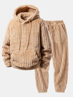 Men’s Winter Teddy Co-Ord Tracksuit – Ribbed Pullover Hoodie with Matching Joggers